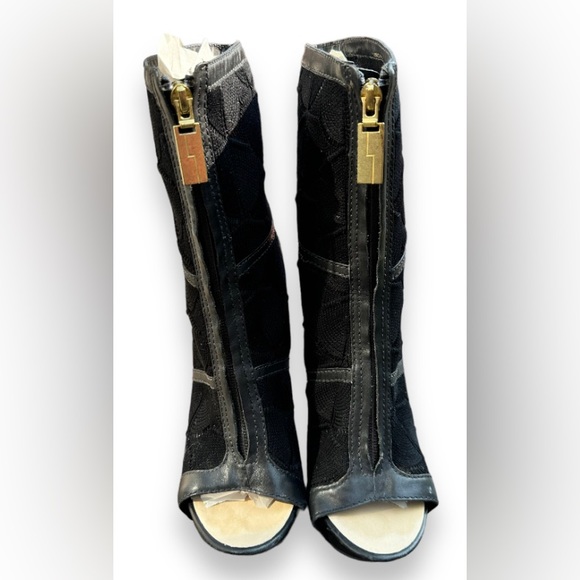 LAMB Black Gold Leather Trim Open Toe Zip Platform High Heel Booties Size 7 - Picture 3 of 8